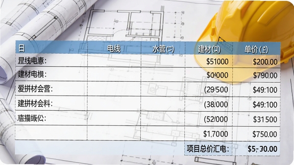 爱拼材会营材料清单功能截图,表格列出电线、水管、水泥等建材的数量与单价,底部有项目总价汇总,背景为工程图纸与安全帽