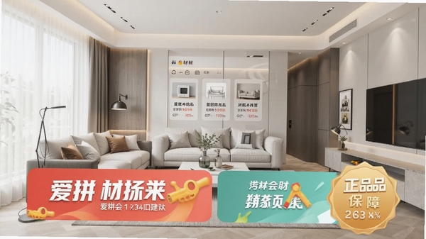 爱拼材会营APP界面展示,显示各类建材商品分类与拼团活动横幅,背景为简洁的现代家居装修风格,突出拼团低价与正品保障标识
