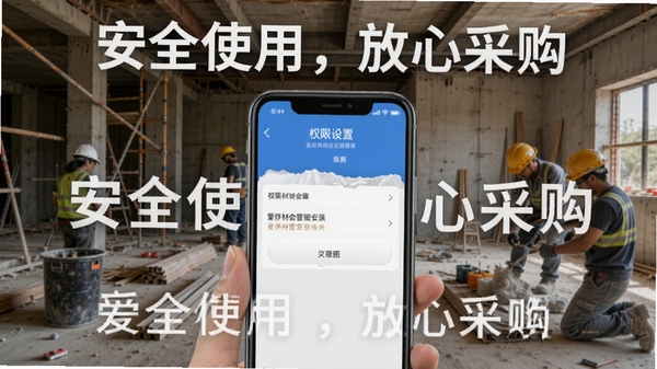 爱拼材会营安装与使用注意事项示意图,手机屏幕显示权限设置界面,背景为装修工地场景,配文字“安全使用,放心采购”