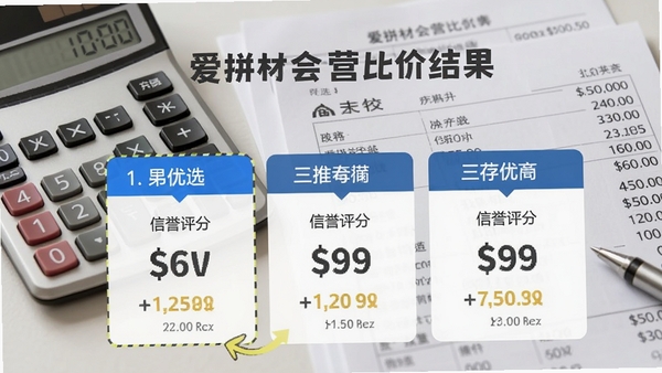 爱拼材会营比价结果页面,并列展示三家不同供应商的报价与信誉评分,推荐第一位为优选,背景为计算器与报价单