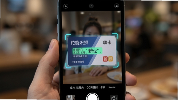 嗨卡应用内OCR识别卡片过程,手机摄像头对准一张会员卡,屏幕自动框选卡面信息并高亮显示识别出的文字,背景虚化,突出智能识别功能,画质清晰,科技感强。
