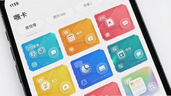 一张智能手机屏幕显示嗨卡app界面,界面中有多张彩色卡片整齐排列,背景简洁明亮,突出卡片分类管理功能,风格现代扁平化,带有科技感,画面清晰,适合软件介绍配图。