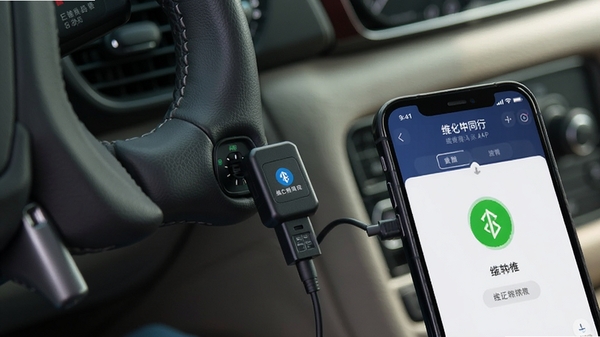 һ��ͼƬչʾ�ֻ�����OBD����ģ���ʵ�ĳ���������۽��ڷ������·��Ľӿڣ��ֻ���Ļ��ʾΫ��ͬ��APP���ӳɹ�����ɫ��ʶ�������Ǽ�ʻ���ڲ���������ͣ����ֿƼ���ʵ���Ľ�ϡ�