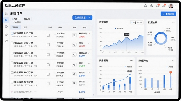 松鼠云采软件的主界面功能展示图,左侧为采购订单列表,右侧为数据可视化看板,整体界面风格现代简洁,以蓝白为主色调。