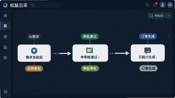 松鼠云采的采购审批流程图界面,从需求发起到审批通过,再到订单生成,流程节点清晰可见,配有不同颜色的状态标签。