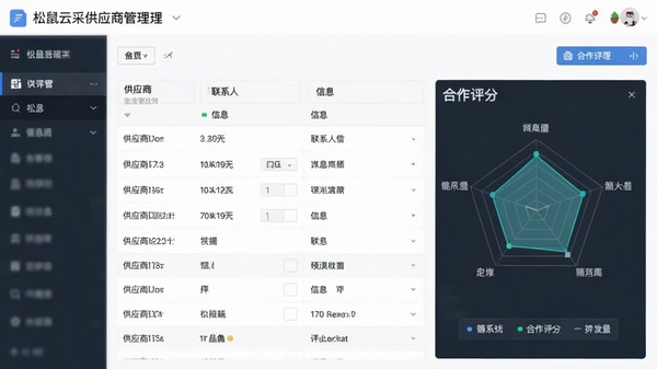 松鼠云采供应商管理界面,展示供应商列表、联系人信息、以及合作评分雷达图,界面信息布局合理,数据可视化程度高。