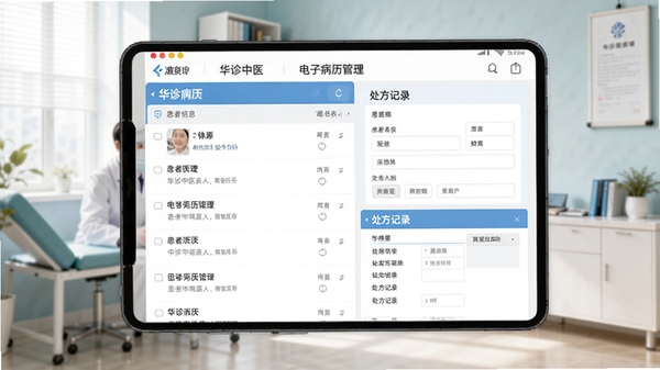 华诊中医app电子病历管理界面的截图风格图片,显示病历列表、患者信息表单与处方记录,背景为诊室场景,简洁明亮。