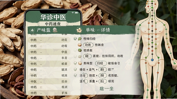 华诊中医app中药速查页面的展示图,显示中药列表及单味药详情(性味归经、功效),背景为药材特写与经络图,色彩自然清晰。
