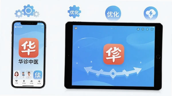 华诊中医app运行在手机与平板上的对比图,左侧为手机界面,右侧为平板横屏界面,背景有齿轮与优化图标,体现多设备适配。