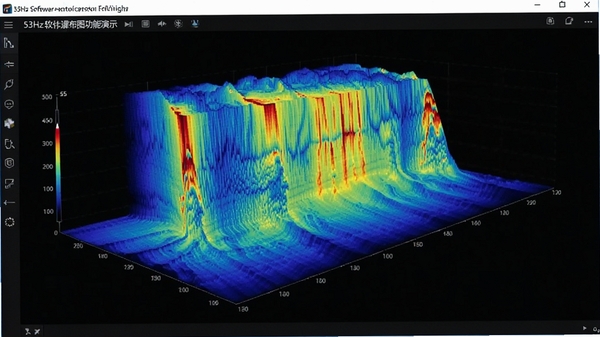 53Hz软件瀑布图功能演示,三维立体频谱随时间向后延伸,色彩从蓝到红渐变表示能量高低,背景深色,界面专业清晰