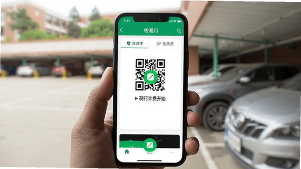 用户在校内使用校易行手机应用,界面显示扫码成功并提示骑行计费开始,背景为模糊的校园停车区