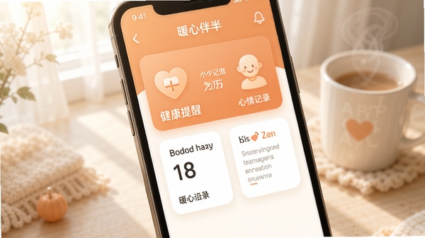 暖心伴APP界面展示,温馨的暖色调UI设计,手机屏幕上有健康提醒、心情记录等卡片功能图标,背景柔和,画面干净明亮