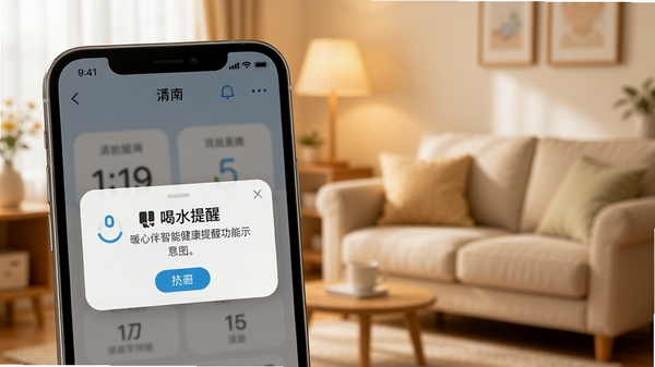 暖心伴智能健康提醒功能示意图,手机界面显示喝水提醒弹窗,背景是温馨的家居场景,色调柔和明亮