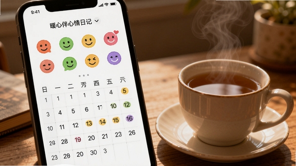 暖心伴心情日记功能截图,界面有彩色心情图标和日历标记,旁边配有一杯热茶的温馨场景,光线柔和