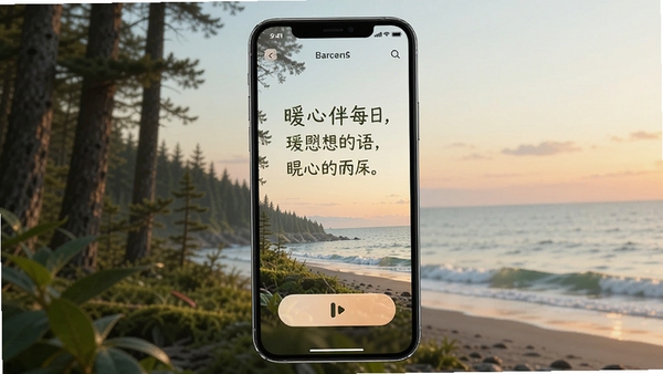 暖心伴每日语录与冥想功能界面,手机屏幕显示温暖文字和播放按钮,背景是宁静的森林或海边,色彩宁静