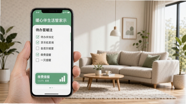 暖心伴生活管家功能展示,手机界面显示待办清单和缴费提醒,背景是现代简约客厅,整体色调清新自然