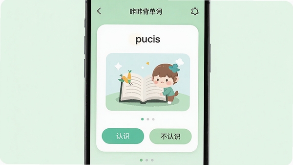 ���Ǳ�����APP�����ͼ��չʾ���¼��Ŀ�Ƭʽ����ѧϰ���棬����Ϊ���ŵĻ�����ɫ��������һ�ŵ��ʿ�Ƭ����Ƭ����ʾ���ʺ���ͼ���·�����ʶ�벻��ʶ������ť�������������ִ���UI��ƾ��£�ͻ���ƶ��˱�����Ӧ�õ��ص㡣