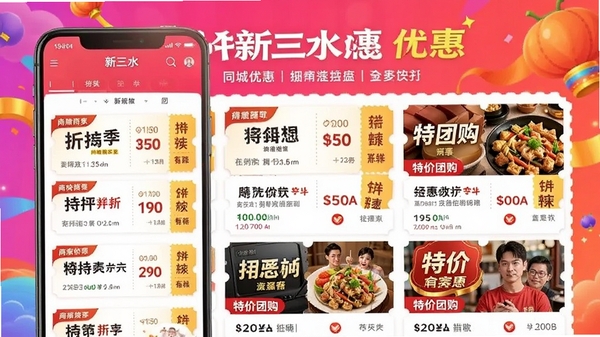����ˮAPP��ͬ���Ż�ҳ�棬չʾ�Ÿ����̼��ۿ�ȯ���ؼ��Ź����ɫ�����ޣ�������ΧŨ��