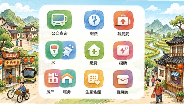 ��Դ����APP���������ģ��չʾͼ��������ù��񲼾֣��������й�����ѯ���ɷѡ���Ƹ�������Ȳ�ɫͼ�꣬�������������ص���������ֻ�Ԫ�أ����ַ���Ķ������뱾�ػ���ɫ��ɫ���������