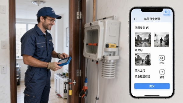 ����������APP�ı��޹��ܽ��棬չʾ�ύ���޵���ҳ�棬������������ѡ����Ƭ�ϴ�������̶ȱ�ǣ�����Ϊά����Ա���ŷ��񳡾�������ɾ����ࡣ