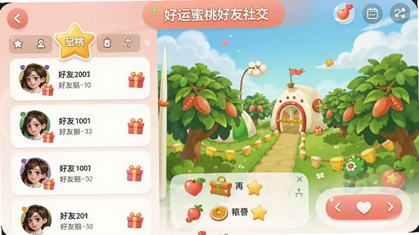 �������Һ����罻���棬չʾ�����б��͹�԰���ó���������ͷ����������ͼ�꣬���������а�ͻ�����ť����Χ�Ѻû���