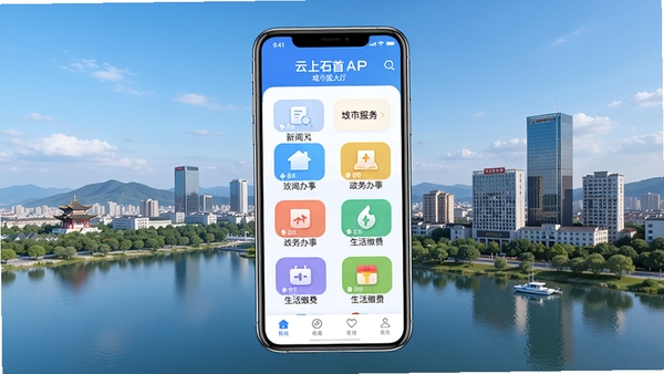 ����ʯ��APP����չʾ�����з��������񣬰���������Ѷ��������¡�����ɷѵȲ�ɫ����ͼ�꣬�ִ���ԼUI��ƣ������ֻ���Ļ������ʾ������Ϊʯ�׳��з�⣬������Ⱦͼ