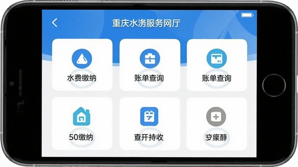 ����ˮ���������APP�����ͼ��չʾ��ҳ����ģ�飬����ˮ�ѽ��ɡ��˵���ѯ�Ⱥ��Ĺ���ͼ�꣬������¼�࣬��ɫ����ɫ��