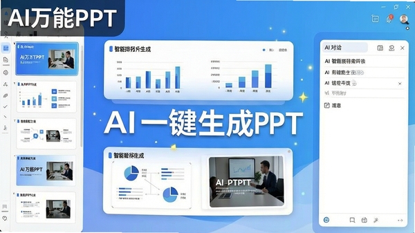 һ��չʾAI����PPT������������Ĺ��ܵĿ�����ͼ���������¼�࣬���Ϊ�õ�Ƭ����ͼ���Ҳ�ΪAI�Ի��������ɫ��Ϊ���׽��䣬���������Ű����ɵ�ͼ����ͼƬ���������ִ�רҵ��ͻ����AIһ������PPT���ĺ������㣬�������ϽǴ��С�AI����PPT��ˮӡ��ʶ��