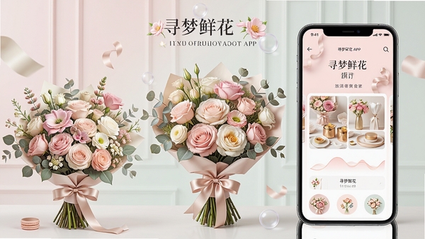 һ��չʾѰ���ʻ�APP������Ƶľ�������ͼ�������а������µ� bouquet �������ֻ���ĻԪ�أ�����Ϊ��͵�������ɫϵ��͹�Ը߶��������ʻ�Ԥ����Χ