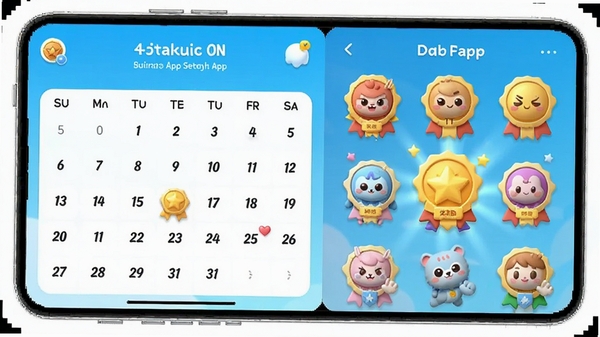趣小伴App内的任务打卡界面,显示连续打卡日历和奖励徽章,界面干净明亮,有3D卡通风格的完成动画特效