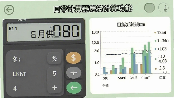 日常计算器房贷计算功能截图,显示月供金额与还款明细图表,背景为淡绿色,数字清晰醒目
