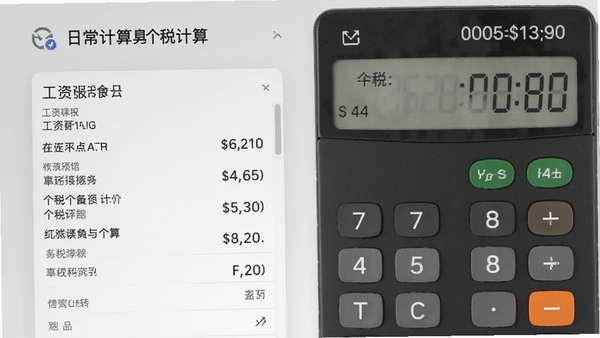 日常计算器个税计算页面,显示工资条与个税金额,风格专业严谨,背景为淡灰色