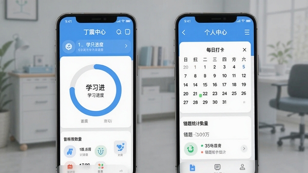 ����ҽѧ����App��������ҳ�棬չʾѧϰ���Ȼ�״ͼ��ÿ�մ������ʹ���ͳ���������������ִ���࣬ɫ�ʴ�����ˬ