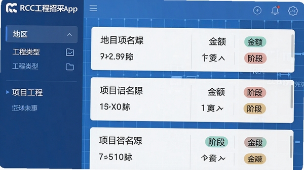 һ��RCC�����в�App����Ŀɸѡ����ʾ��ͼ�����Ϊ�����빤������ɸѡ��Ҳ�Ϊ��Ŀ�б���Ƭ����Ƭ����ʾ��Ŀ���ơ����׶α�ǩ������Ϊ����ɫ��������