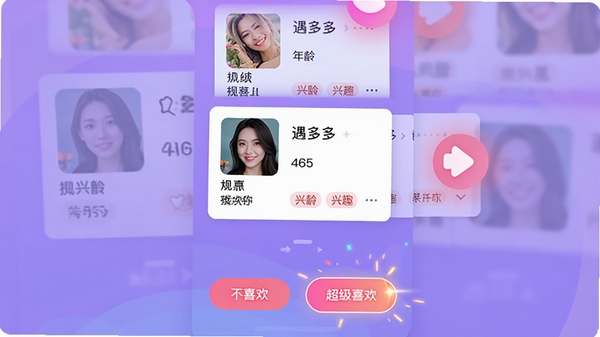 �����APPͬ��������棬չʾ�����û���Ƭ���һ�ϲ������Ƭ�����û���Ƭ���ǳơ���������Ȥ��ǩ������Ϊ��ͽ�����ɫ���ײ��С���ϲ�����롰����ϲ������ť����ť����Ч��������ö��У������ֻ�����