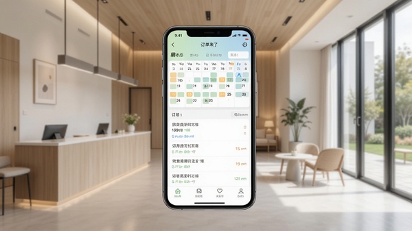 订单来了APP界面展示,手机端显示清晰的房态日历和订单列表,背景是现代简约的民宿大堂,色调明亮,突出高效管理氛围