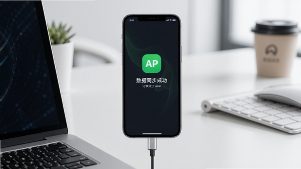 手机连接电脑传输数据,屏幕显示订单来了APP数据同步成功界面,背景是干净的工作台,体现数据安全与便捷性