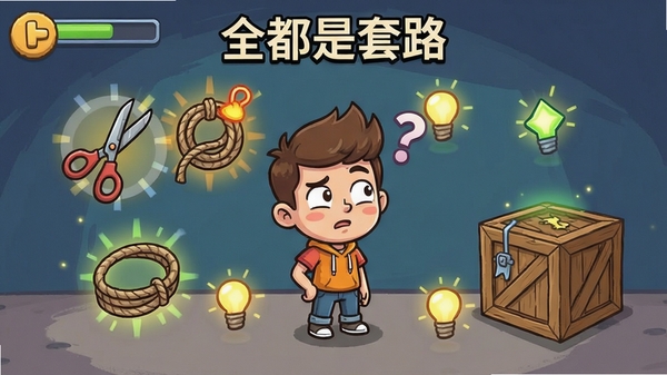 “全都是套路”游戏截图,展示一个具体谜题关卡,画面上有多个可交互的道具如剪刀、绳子、木箱,角色一脸疑惑,周围有闪烁的提示光点,风格卡通幽默