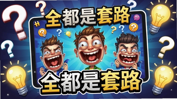 游戏整体宣传图,展示“全都是套路”游戏主界面,画面色彩鲜艳,角色表情夸张搞笑,背景充满问号和灯泡元素,突出益智解谜与恶搞风格