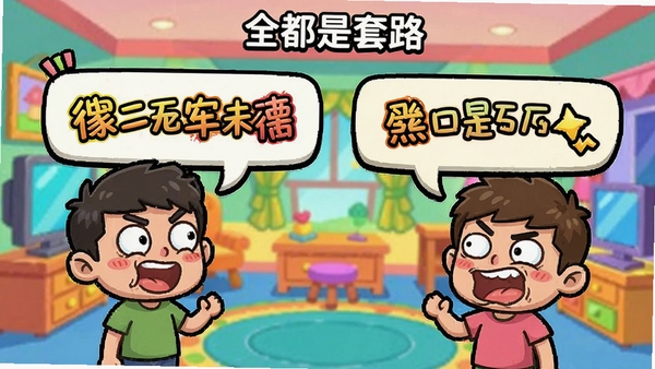 “全都是套路”游戏剧情对话界面,两个卡通角色正在进行搞笑对话,对话框文字夸张,表情包风格,背景是色彩斑斓的卡通房间