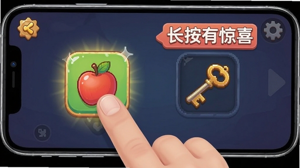 一张手机横屏游戏的操作示意图,手指正在长按屏幕上的一个苹果图标,旁边出现隐藏的钥匙道具,画面标注“长按有惊喜”的提示文字