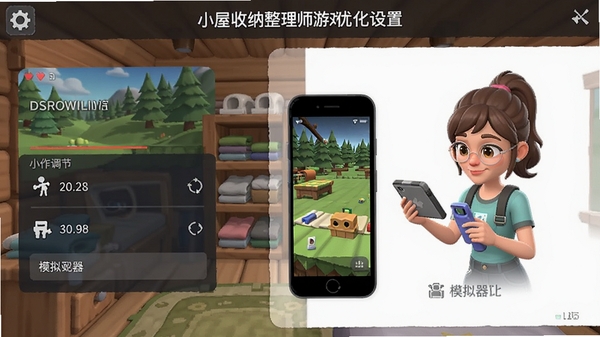 小屋收纳整理师游戏优化设置界面,画质调节选项,手机与模拟器对比示意图