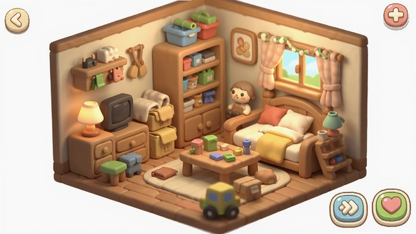 小屋收纳整理师游戏整体场景展示,温馨治愈的房间,各类杂物摆放凌乱,游戏主界面风格卡通可爱