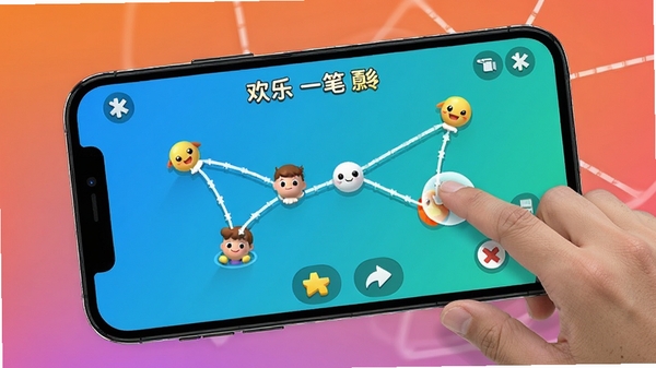 移动设备正在运行欢乐一笔连线游戏,画面清晰流畅,操作手势演示,背景为渐变色,突出游戏界面