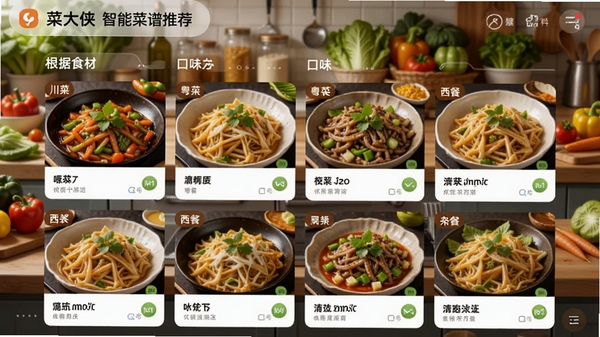 �˴������ܲ����Ƽ����棬չʾ����ʳ�ĺͿ�ζ���ɵĸ��Ի������б����д��ˡ����ˡ����͵ȷ��࣬������ˬ��ʳ��ͼƬ���ˣ������ǰ��������߲˵ĳ���̨�棬�����������