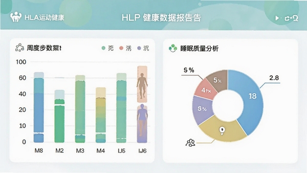 HLA�˶�����APP�Ľ������ݱ���ҳ�棬չʾ�ܶȲ�����״ͼ��˯������������ͼ��ɫ�����¡�