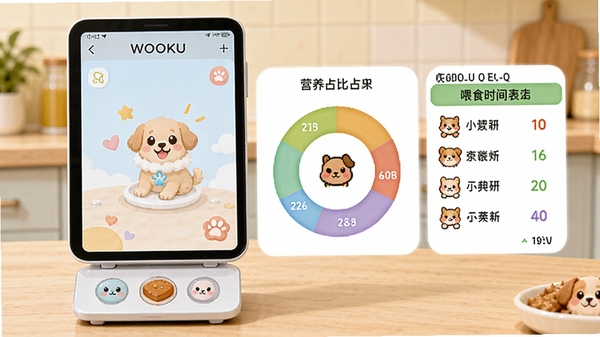 չʾWOOKU�ǳ���ʳ�������ܵĽ�ͼ����Ļ����ʳ��ӡ�Ӫ��ռ�Ȼ���ͼ��ιʳʱ�����ɫ��������ʳ��ͼ��ɰ��������ѧι�������