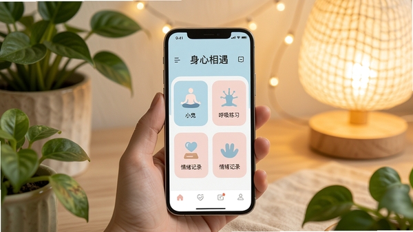 一张展示智能手机屏幕的图片,屏幕中打开着名为“身心相遇”的APP界面,界面设计温馨柔和,主色调为治愈的浅蓝色和淡粉色,界面上有冥想、呼吸练习、情绪记录等模块图标,手机周围点缀着绿色植物和温暖的灯光,营造出宁静、放松的室内氛围,画面风格清新自然,带有禅意。