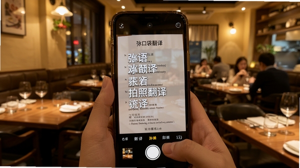 ����ڴ���������շ��빦����ʾ���ֻ�����ͷ��׼һ��Ӣ�Ĳ����˵�����Ļ������ͨ��AR�������˵�����ʵʱ�滻Ϊ�������ģ������������ۣ���������ܰ��������������ͻ���˼��ļ���ı���ԡ�