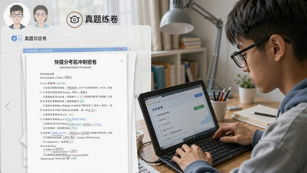 快提分考前冲刺密卷界面,展示模拟试卷与真题练习,学生正在认真答题